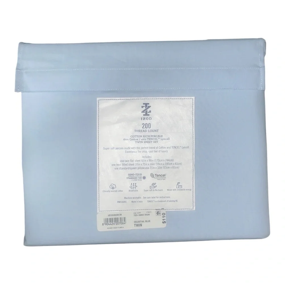 Izod Light Blue Twin Sheet Set - Soft Cotton Percale